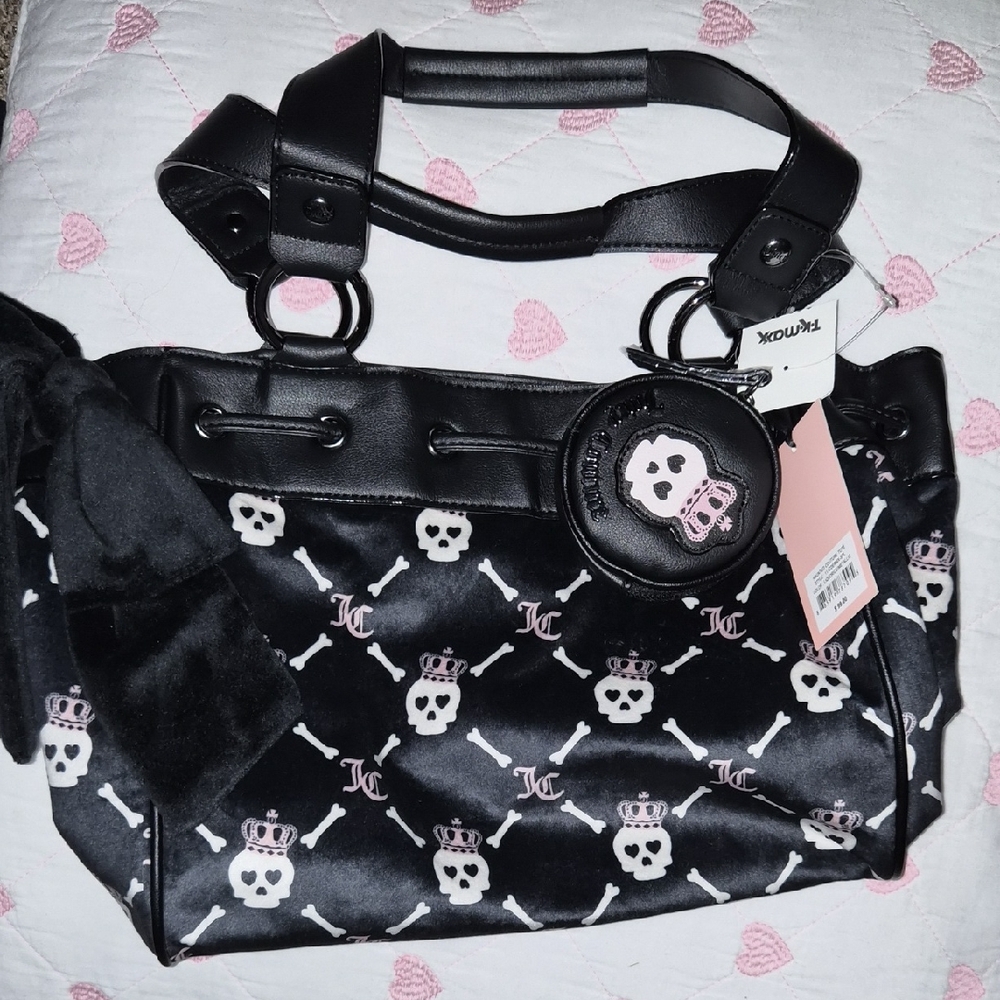 Juicy Couture Black and Pink Skull Shoulder Bag